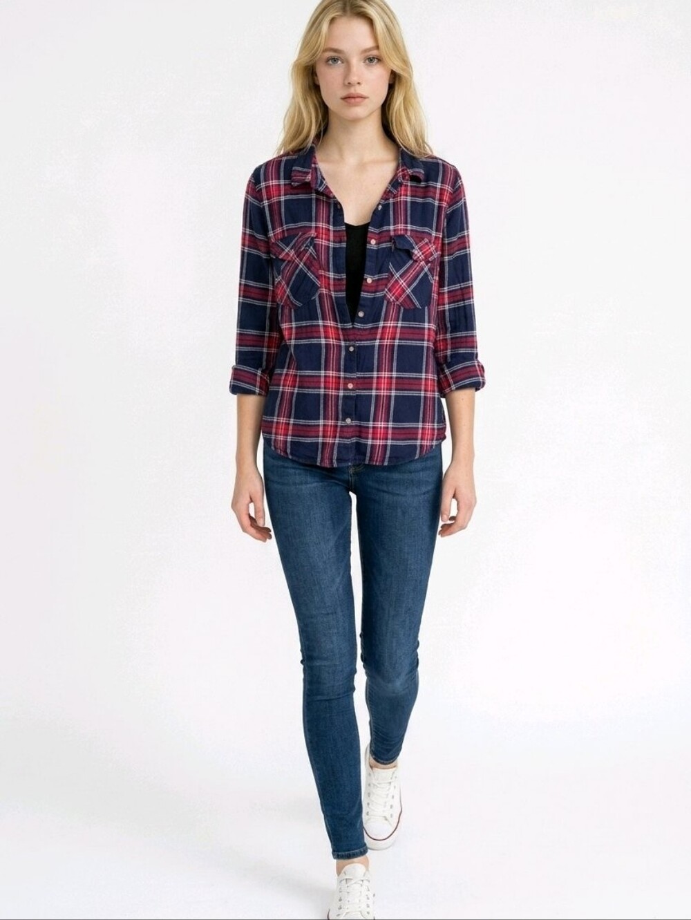 Women’s Plaid Button Down Shirt Sz LARGE Red Blue Flannel Roll Tab Long Sleeve
